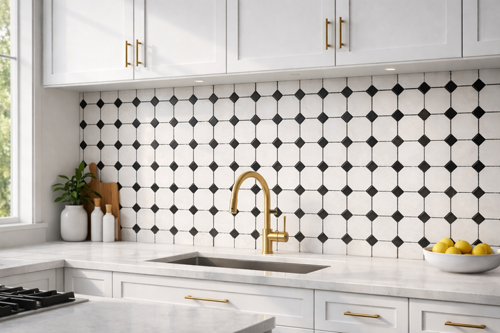 Thassos White Marble Octagon with Black Dots Polished Mosaic Tile - TILE AND MOSAIC DEPOT