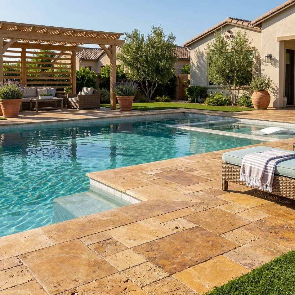Gold Travertine Unfilled Brushed & Chiseled Versailles Pattern Tile-Final Clearance - TILE AND MOSAIC DEPOT