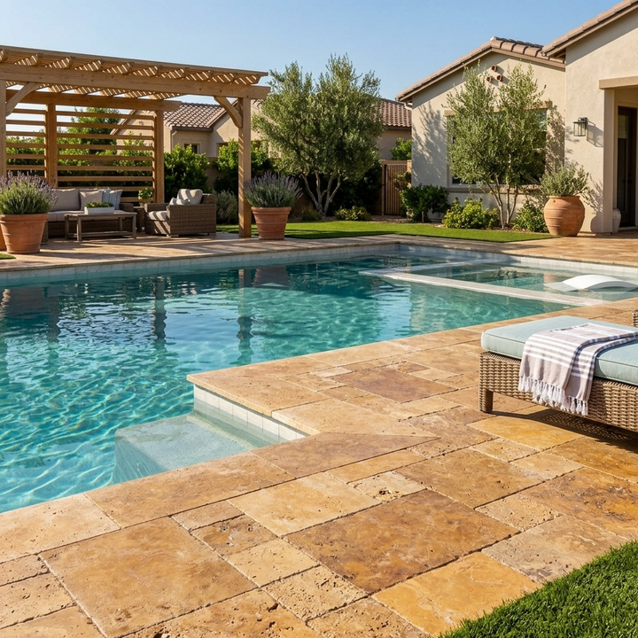 Gold Travertine Unfilled Brushed & Chiseled Versailles Pattern Tile-Final Clearance - TILE AND MOSAIC DEPOT