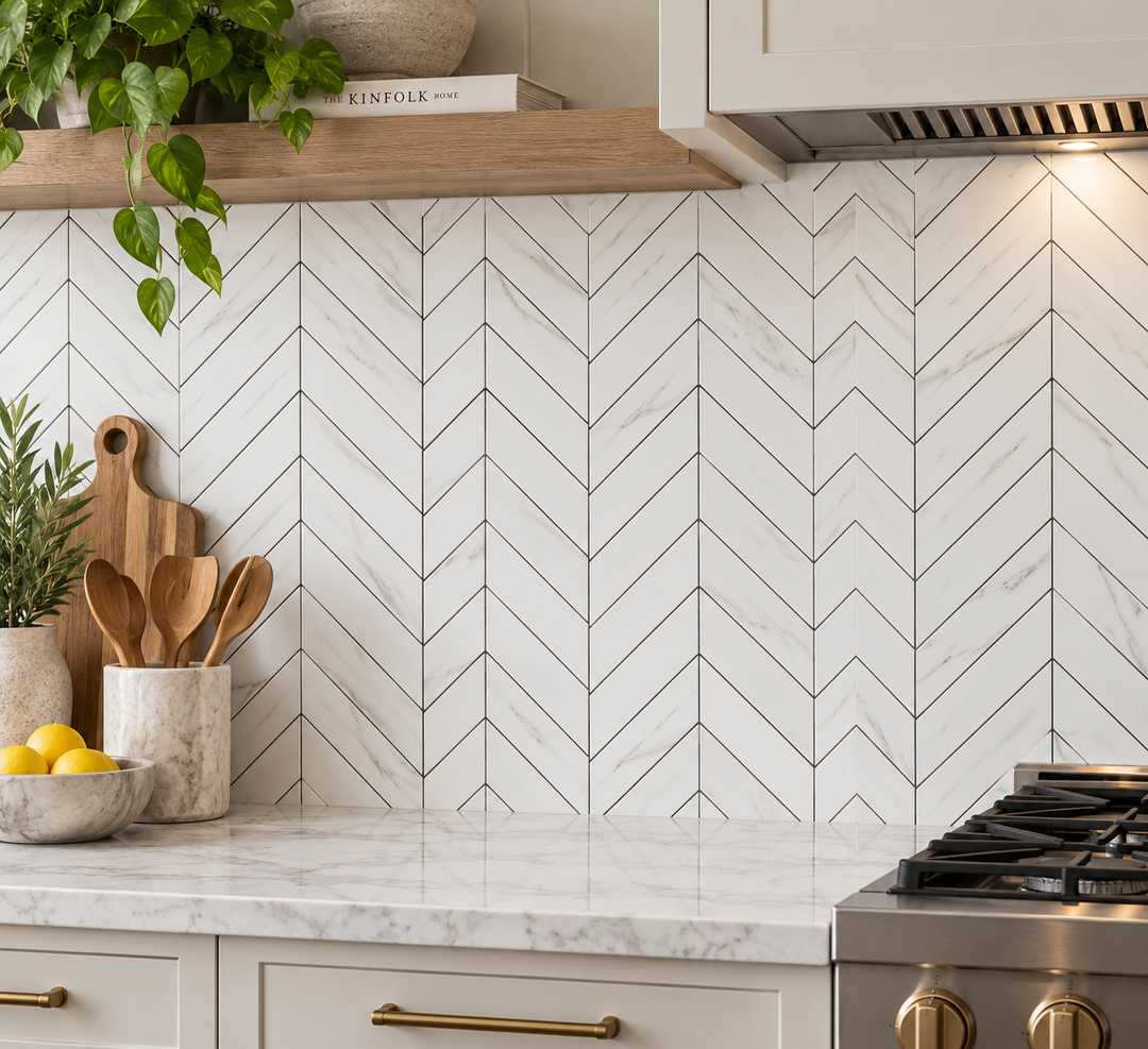 Bianco Dolomite Marble 2x8 Chevron Honed Mosaic Tile