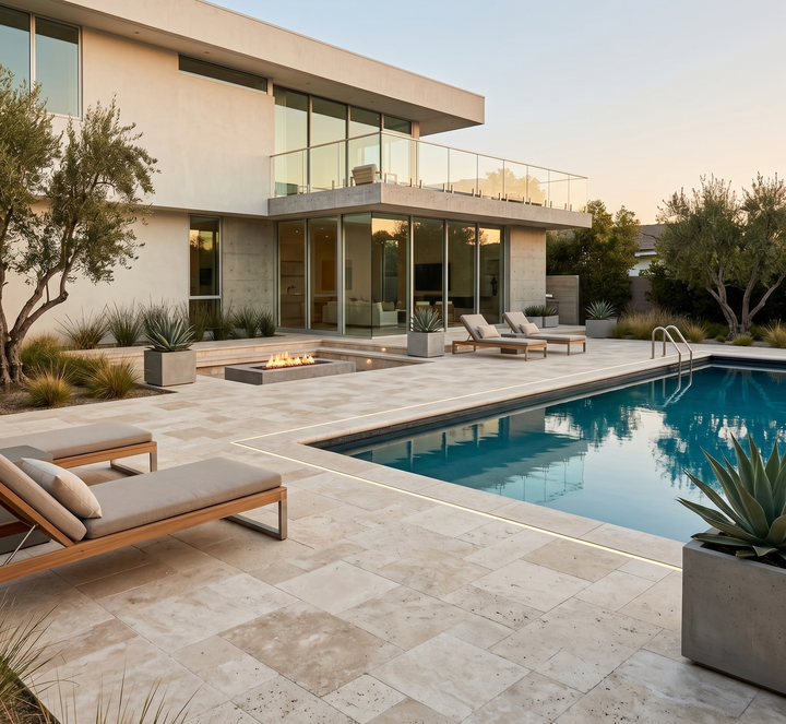 Ivory travertine natural stone tile with brushed and chiseled Versailles pattern, showcasing textured, elegant surface details.