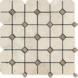 Ivory Travertine Octagon Tumbled Mosaic Tile w/ Noce Dots - TILE & MOSAIC DEPOT