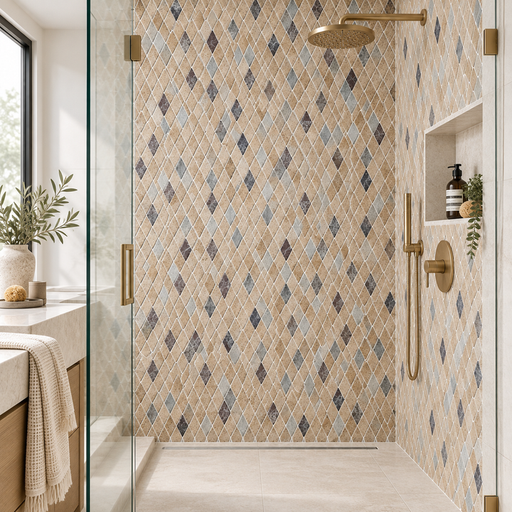 Mixed Travertine & Marble 1x2 Diamond Tumbled Mosaic Tile
