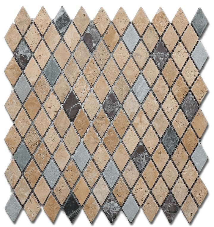 Mixed Travertine & Marble 1x2 Diamond Tumbled Mosaic Tile - TILE & MOSAIC DEPOT