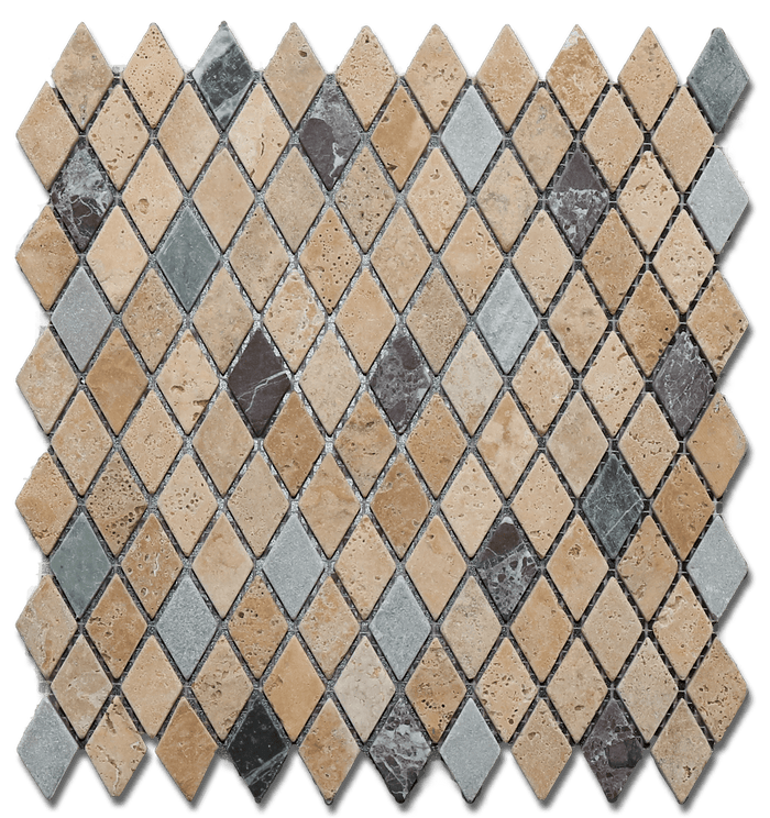 Mixed Travertine & Marble 1x2 Diamond Tumbled Mosaic Tile - TILE & MOSAIC DEPOT