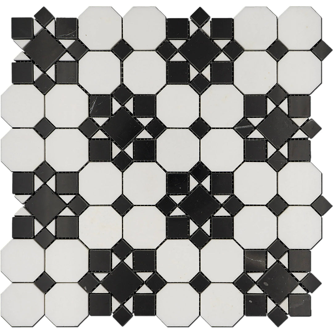 Thassos & Black Marble Octave Patio Mosaic Tile - TILE & MOSAIC DEPOT