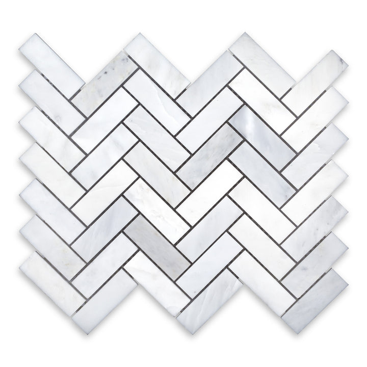 Asian Statuary (Oriental White) Marble 1x3 Herringbone Polished Mosaic Tile - TILE & MOSAIC DEPOT