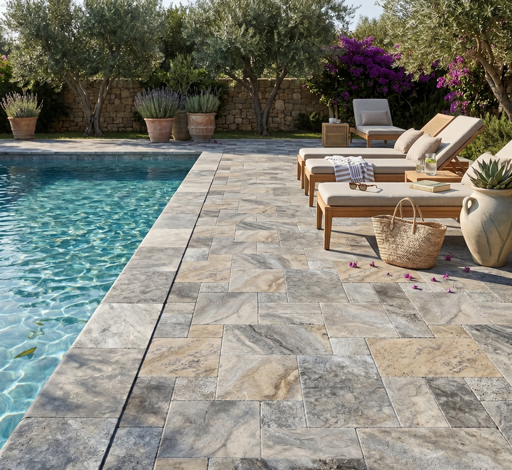 Brushed and chiseled silver travertine natural stone tile with Versailles pattern for elegant flooring or wall design.