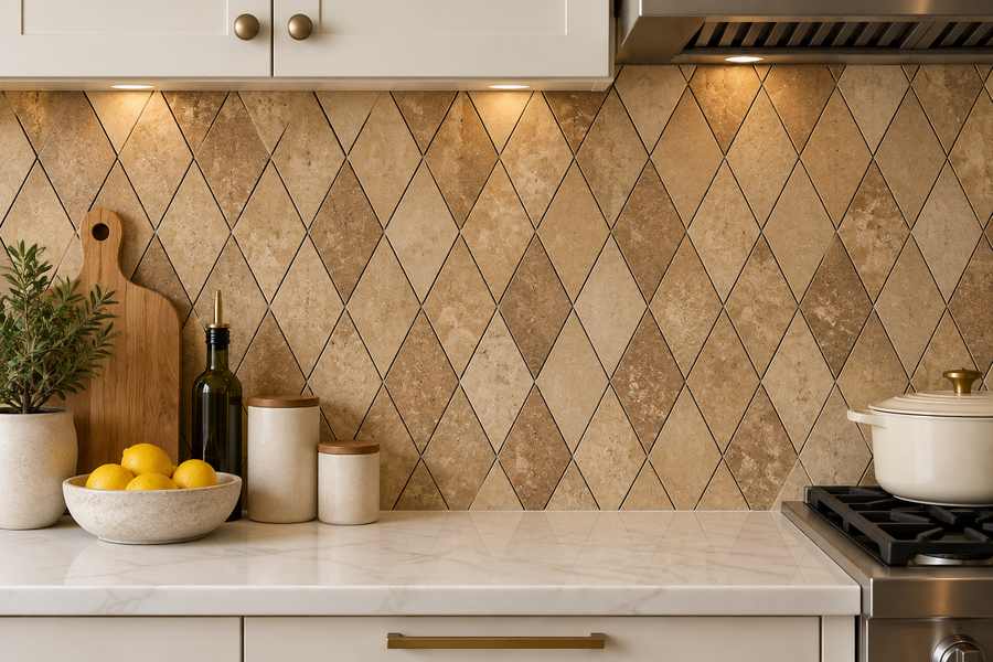 3 x 6 Honed Noce Travertine Deep-Beveled Diamond Mosaic Tile