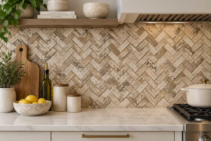 1 x 2 Tumbled Philadelphia Travertine Herringbone Mosaic Tile
