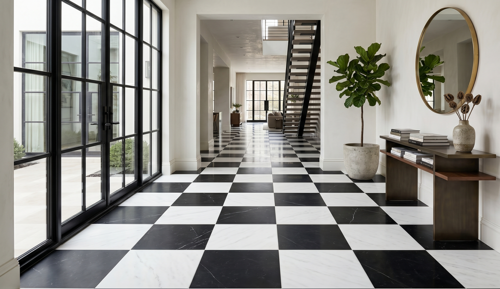 Natural stone tile featuring Thassos white and Nero Marquina marble 12x12 checkerboard pattern, honed finish.
