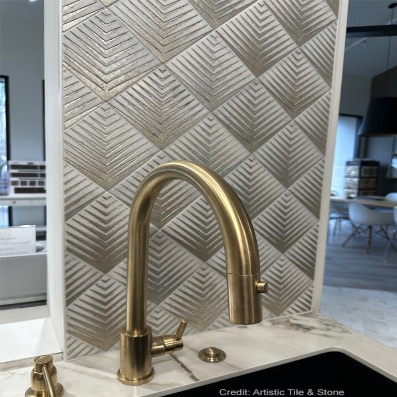 MM Artistic Ritz Gold Ashen White Marble Mosaic Tile showing a detailed pattern of gold and white marble pieces.