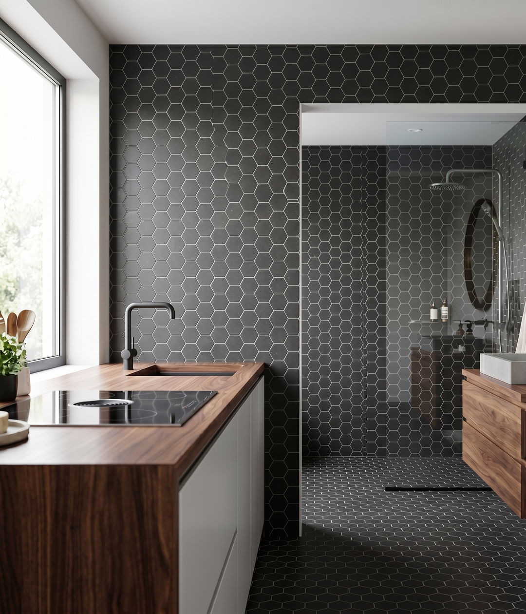 Black Basalt 2x2 Hexagon Honed Mosaic Tile