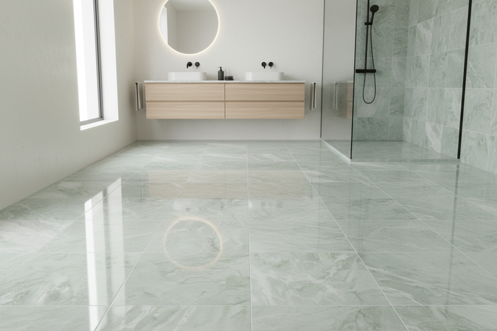 Bathroom Floor with Ming Green Marble 12x12 Tiles