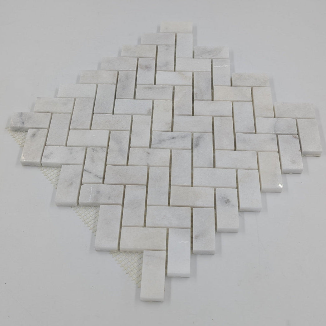 Bianco Caldo Mugla White 1x2 Herringbone Polished Mosaic Tile - TILE & MOSAIC DEPOT