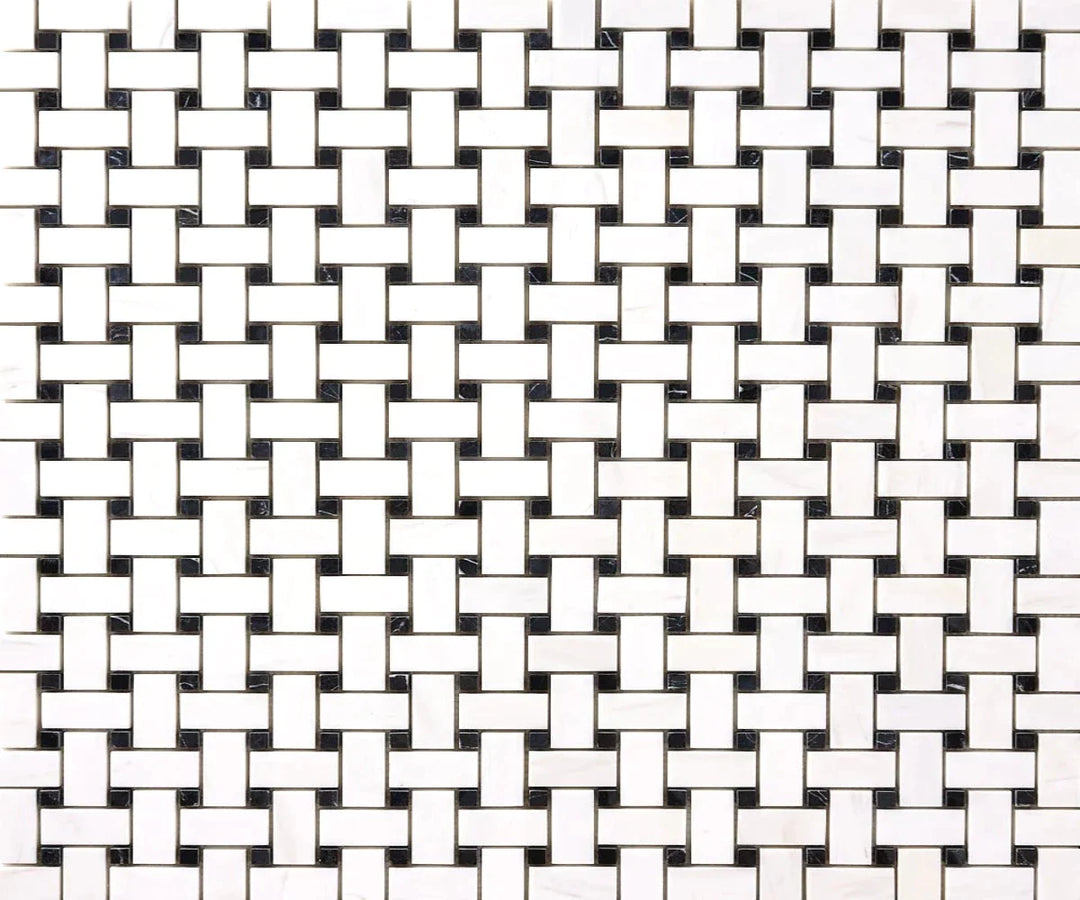 Bianco Dolomite Marble Basketweave with Black Dots Honed Mosaic Tile - TILE & MOSAIC DEPOT