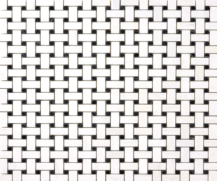 Bianco Dolomite Marble Basketweave with Black Dots Honed Mosaic Tile - TILE & MOSAIC DEPOT