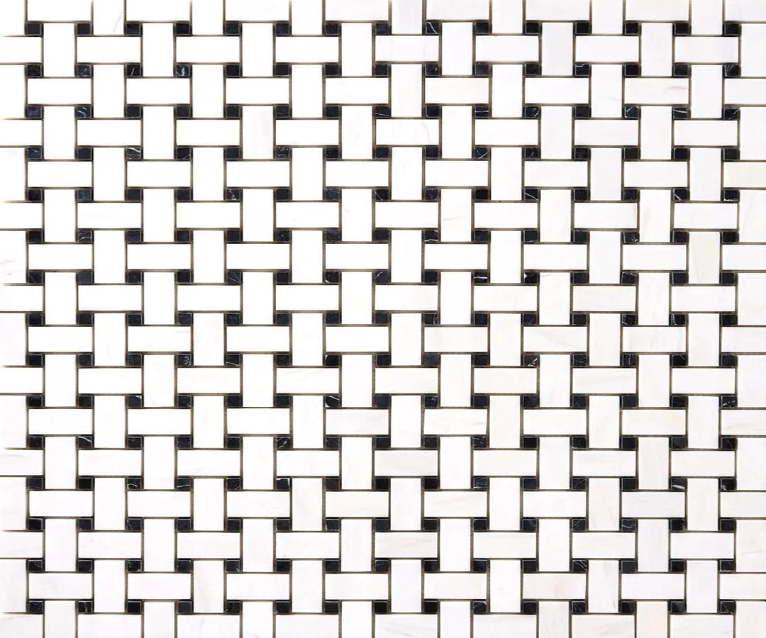 Bianco Dolomite Marble Basketweave with Black Dots Polished Mosaic Tile - TILE & MOSAIC DEPOT