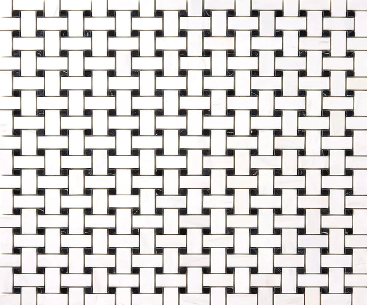Bianco Dolomite Marble Basketweave with Black Dots Polished Mosaic Tile - TILE & MOSAIC DEPOT
