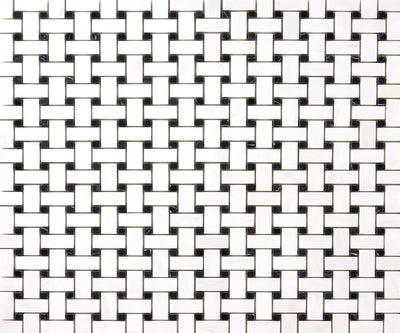 Bianco Dolomite Marble Basketweave with Black Dots Polished Mosaic Tile - TILE & MOSAIC DEPOT