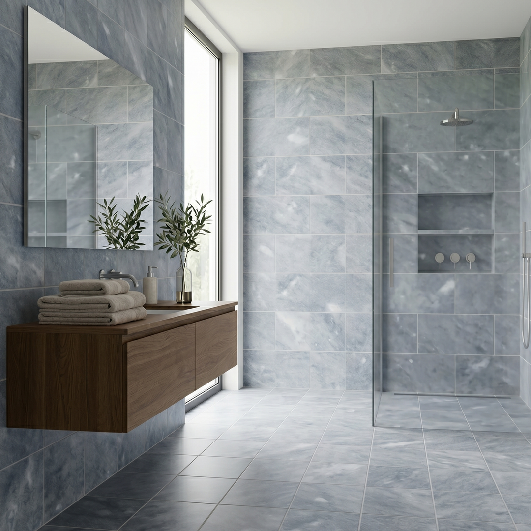Blue Parisian marble 12x24 suede tile showing natural stone texture and deep blue color, ideal for elegant wall or floor designs.