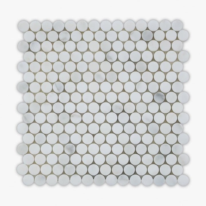 Calacatta Oliva marble penny round mosaic tile with honed finish, showcasing white and green veined marble for elegant surface design.