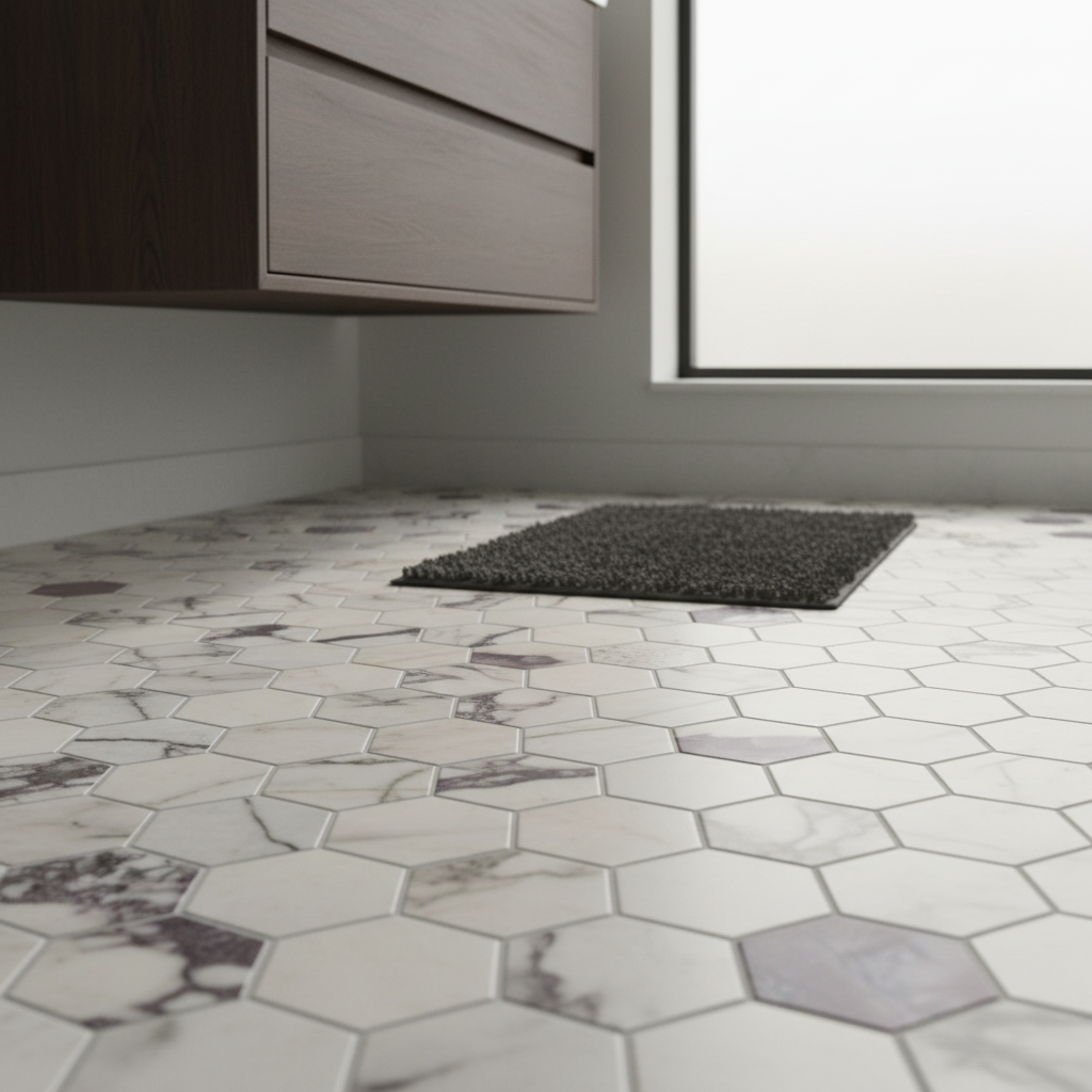 Calacatta Viola 2x2 hexagon mosaic floor - corrected tones