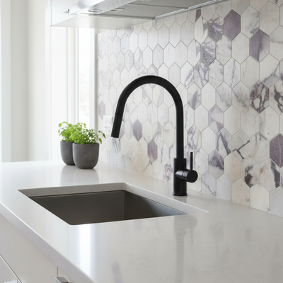 Calacatta Viola 2x2 hexagon mosaic kitchen - corrected tones