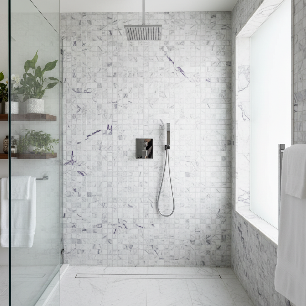 Calacatta Viola 2x2 mosaic in shower - correct scale