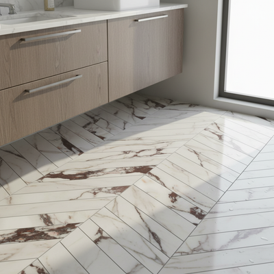 Calacatta Viola 2x8 chevron polished mosaic floor - realistic