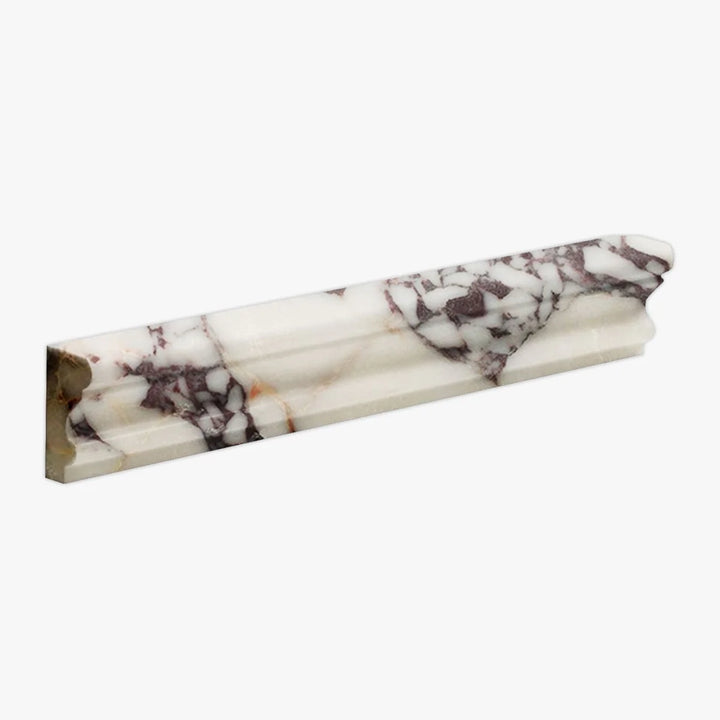 Calacatta Viola marble 2x12 honed crown liner molding for tile trims, showcasing elegant white and purple veined stone.
