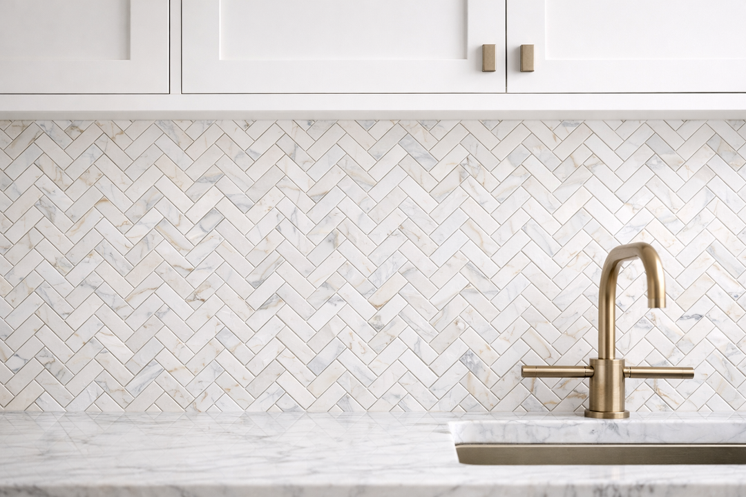 Calacatta Gold Marble 1x4 Herringbone Polished Mosaic Tile - TILE AND MOSAIC DEPOT