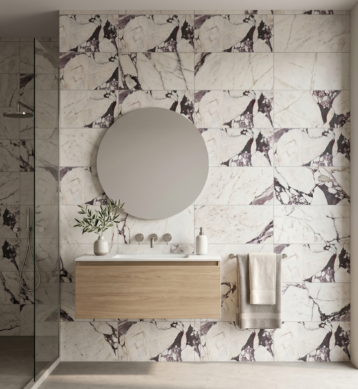 Calacatta Viola marble 18x36 honed natural stone tile with purple and white veining, ideal for elegant flooring or wall surfaces.