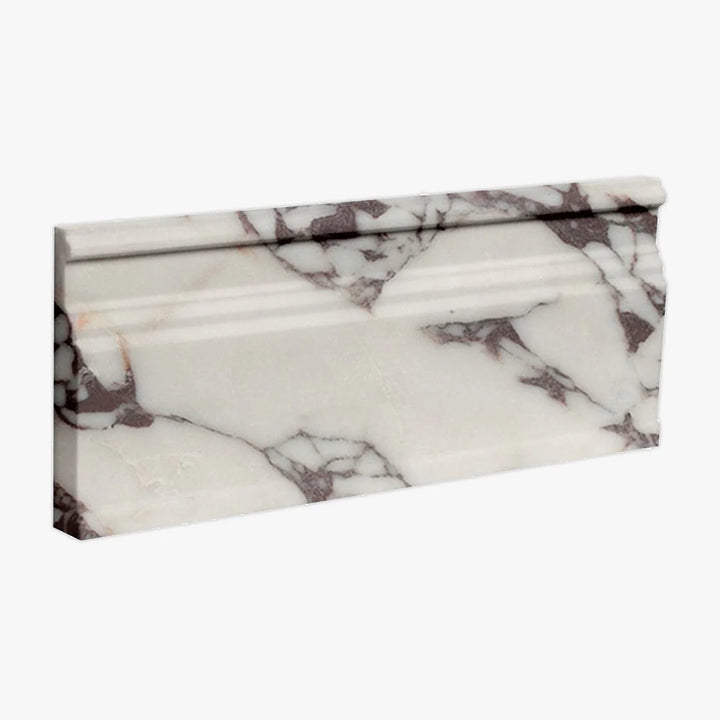 Honed Calacatta Viola marble baseboard with 4 3/4x12 inch dimensions, showcasing elegant veining and polished surface.