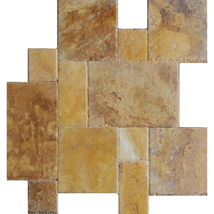 Gold Travertine Unfilled Brushed & Chiseled Versailles Pattern Tile-Final Clearance