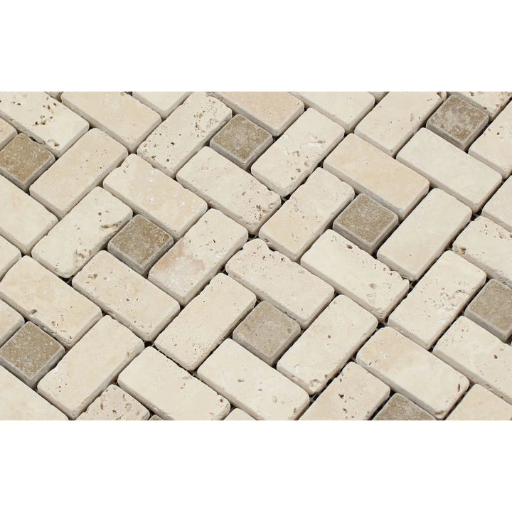 Ivory Travertine 1x2 Tumbled Large Pinwheel Mosaic Tile w/ Noce Dots - TILE & MOSAIC DEPOT