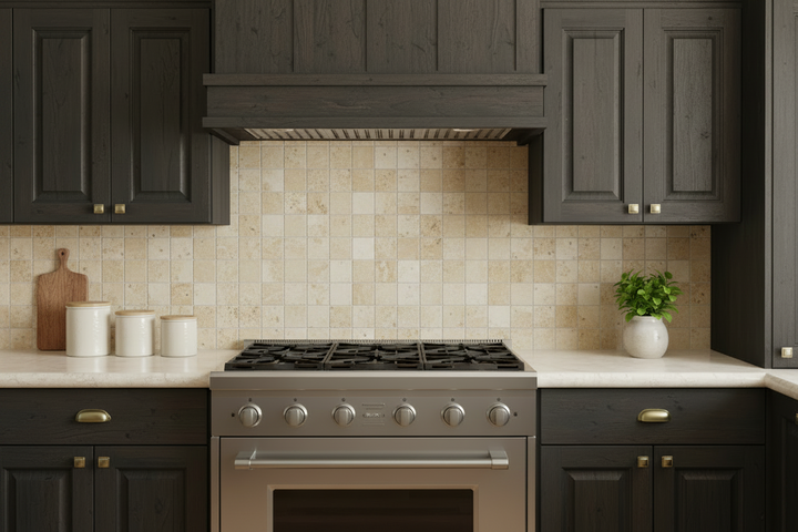 Ivory Travertine 4x4 Tumbled Tile Kitchen Backsplash Installed TILE & MOSAIC DEPOT