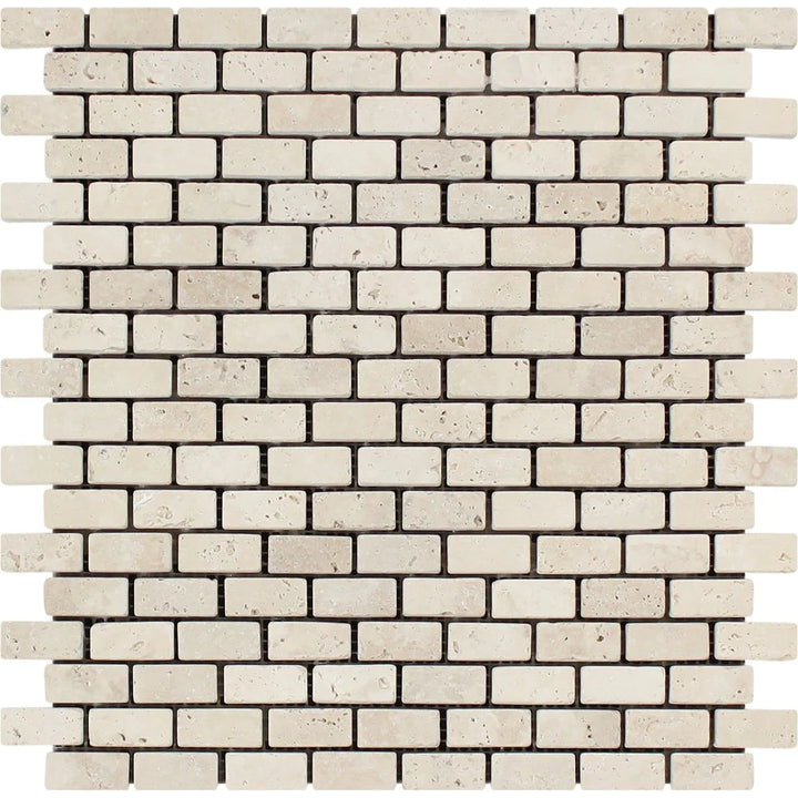 Ivory Travertine 5/8 x 1 1/4 Mini Brick Tumbled Mosaic Tile - TILE & MOSAIC DEPOT