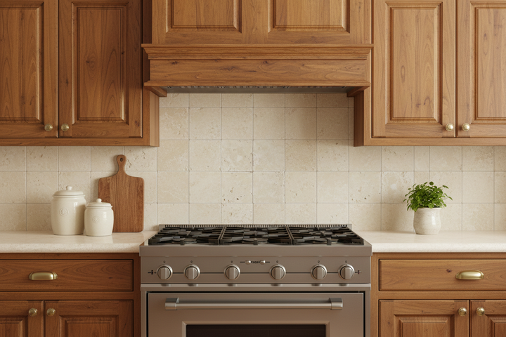 Ivory Travertine 6x6 Tumbled Tile Backsplash Installed TILE & MOSAIC DEPOT