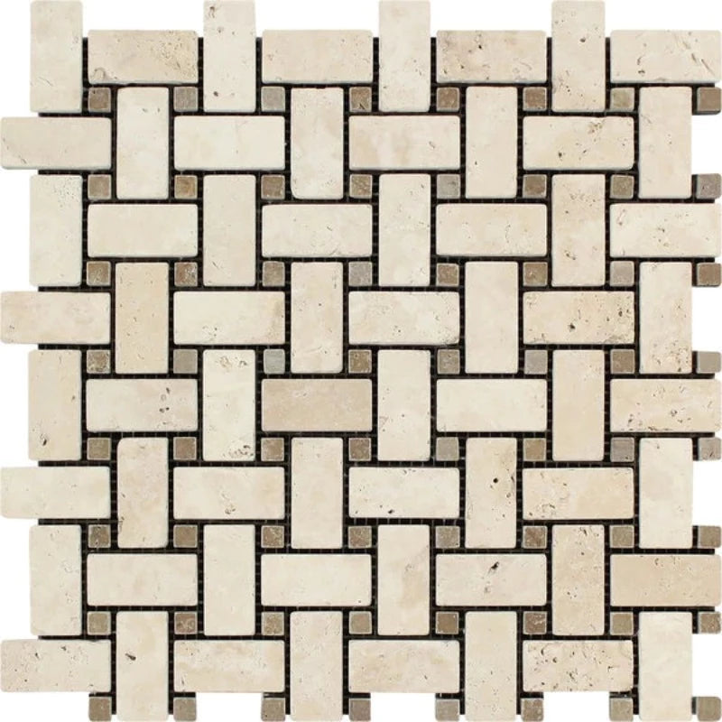 Ivory Travertine Basketweave with Noce Dots Tumbled Mosaic Tile - TILE & MOSAIC DEPOT