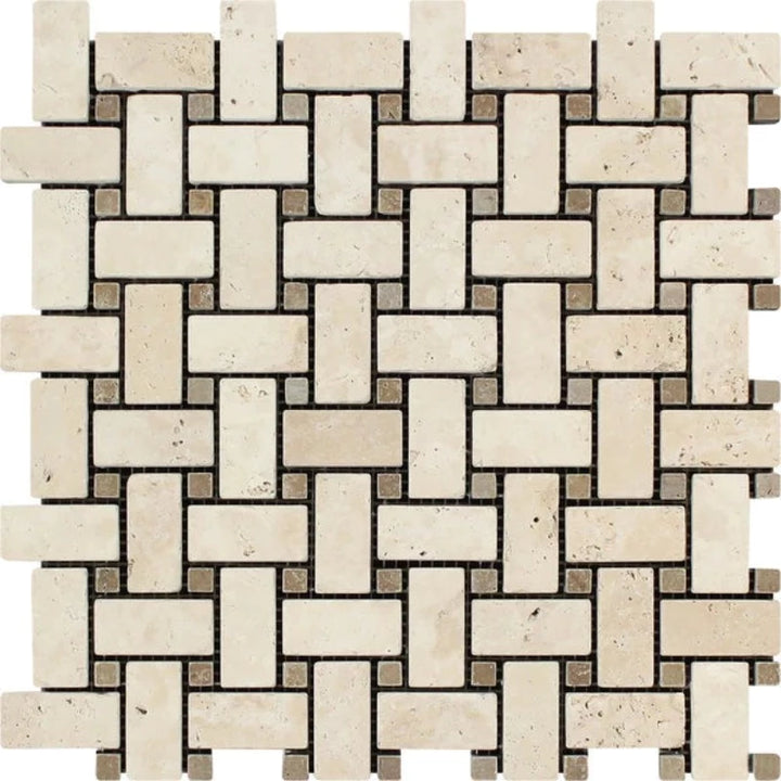 Ivory Travertine Basketweave with Noce Dots Tumbled Mosaic Tile - TILE & MOSAIC DEPOT