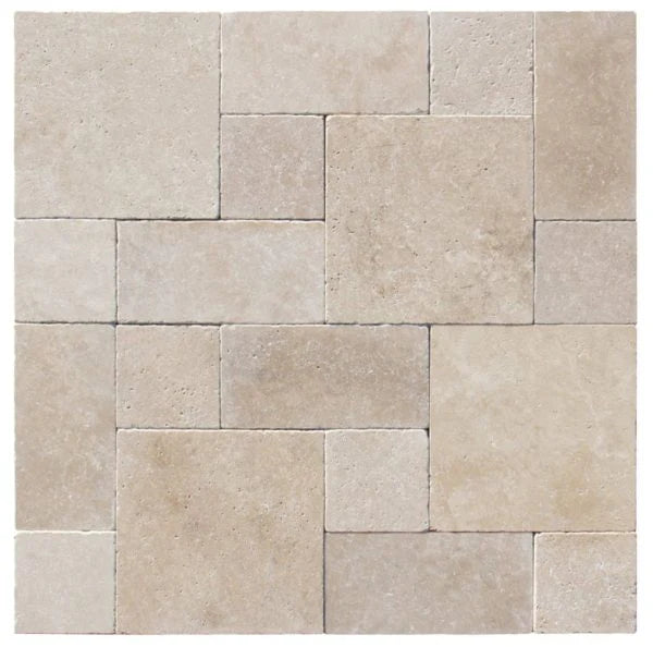 Ivory Travertine Tumbled 3cm Paver Roman Pattern | TILE & MOSAIC DEPOT