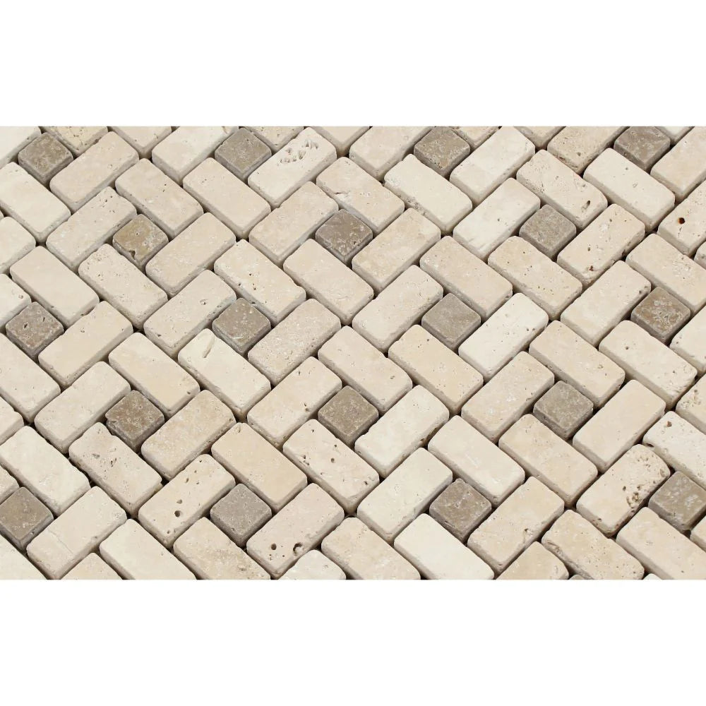 Ivory Travertine Tumbled Mini Pinwheel Mosaic Tile w/ Noce Dots - TILE & MOSAIC DEPOT