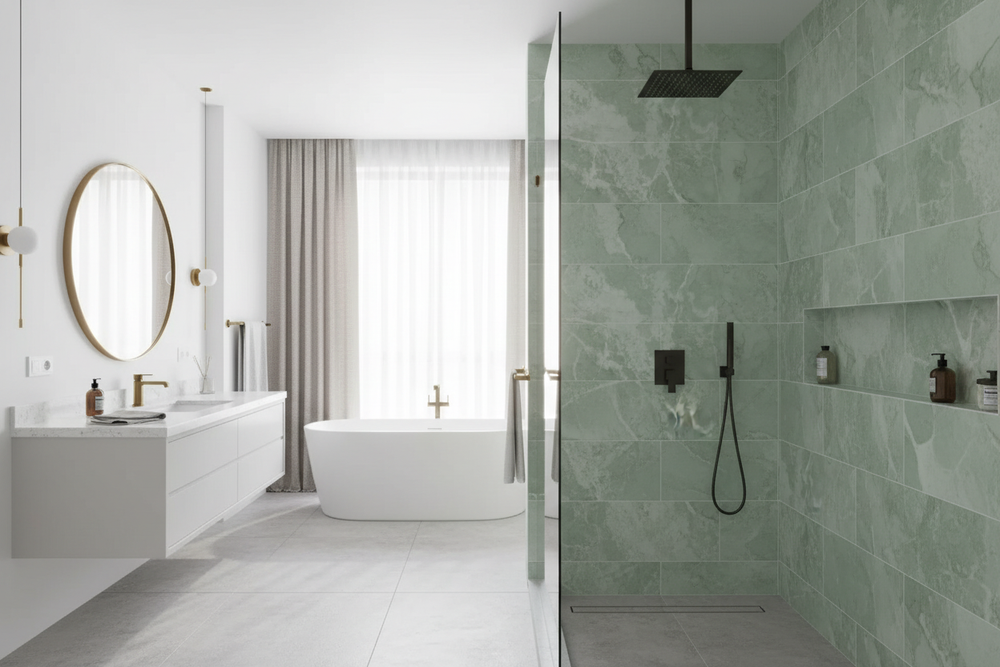 Modern Bathroom with Large Format Ming Green Marble 12x24 Tiles