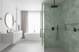 Modern Bathroom with Large Format Ming Green Marble 12x24 Tiles