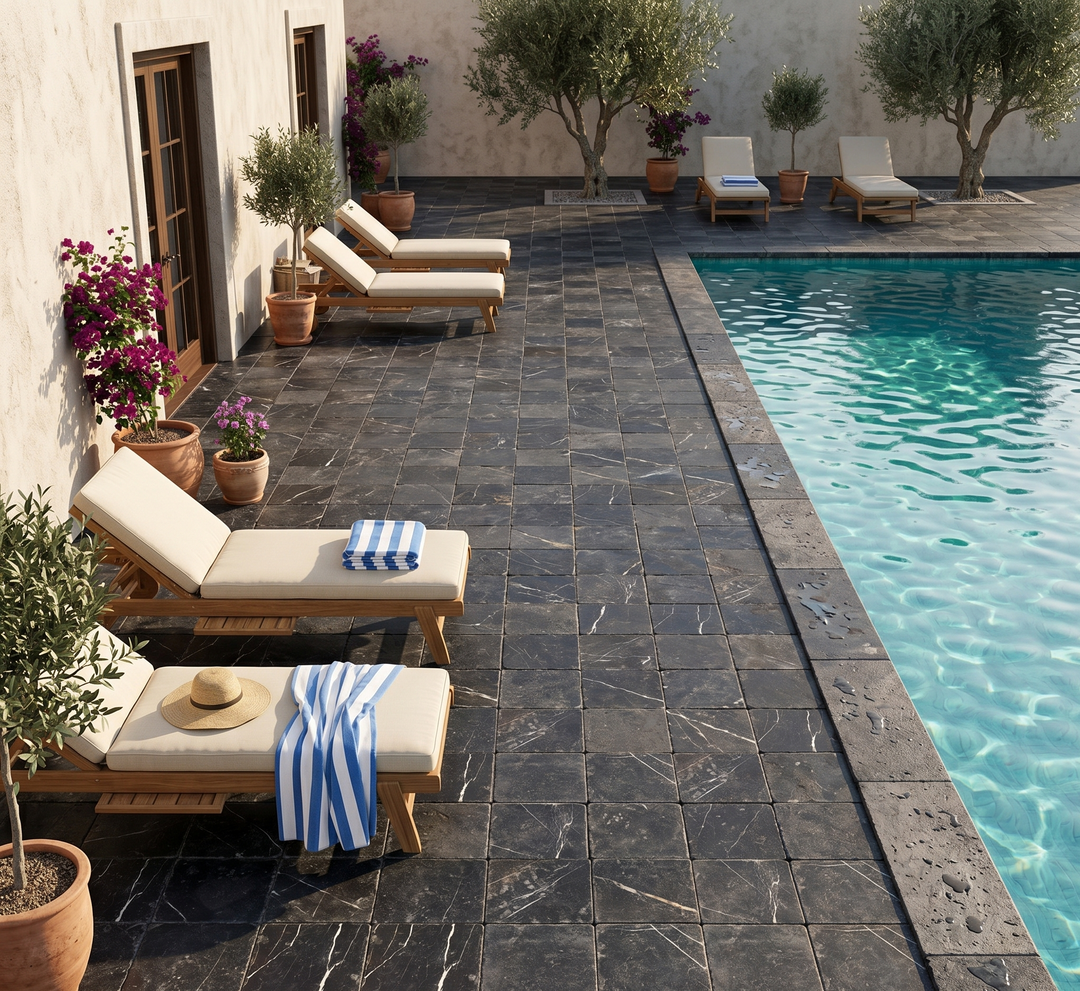 Tumbled Nero Marquina marble 4x4 natural stone tile with black and white veining, suitable for pool and wall surfaces.