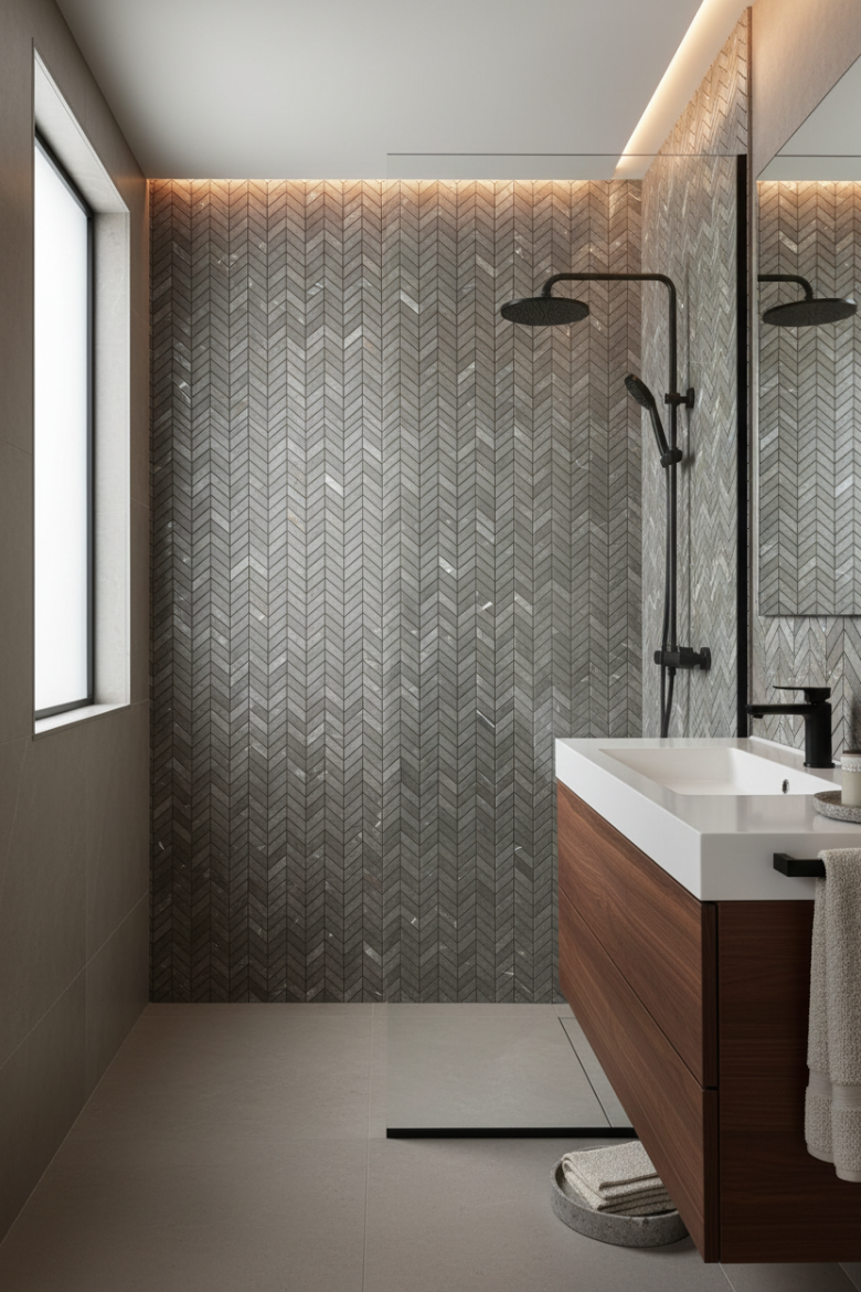 Pietra Gray Mini Chevron — Luxury Bathroom