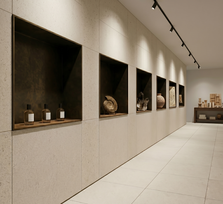 Beige limestone natural stone tile with 24x24 honed surface, installed for flooring or wall application.