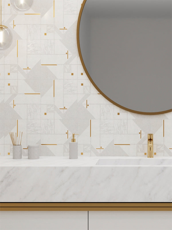 Rockefeller White Nouveau Eastern White, Brass Mosaic Tile - TILE & MOSAIC DEPOT