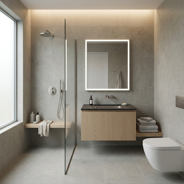 Modern bathroom with seagrass limestone
honed